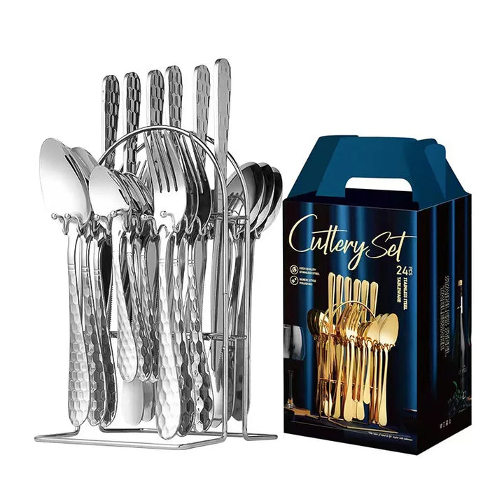 Hammer Pattern Flatware Set – 24 Pcs Knife Fork Spoon