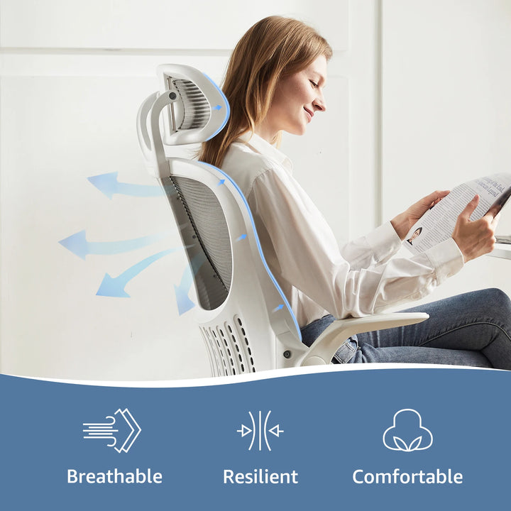 Ergonomic Office Chair with Mesh Backrest – Flip-Up Armrests, Adjustable Headrest, and Lumbar Support for Home Office Comfort