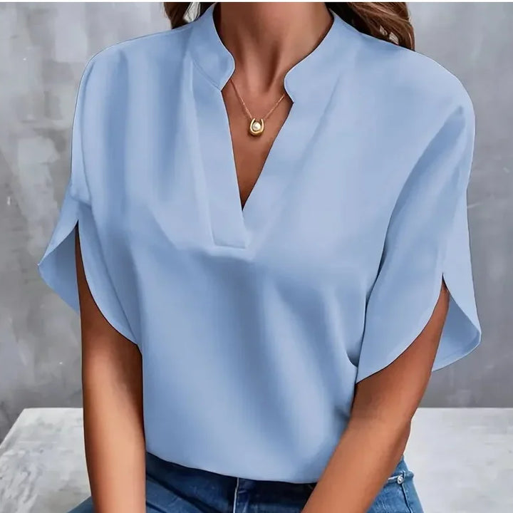 Elegant Women’s Summer Blouse – V-Neck | Short Sleeve | Loose Fit | Office Lady Style