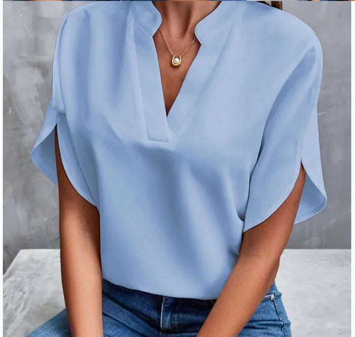 Elegant Women’s Summer Blouse – V-Neck | Short Sleeve | Loose Fit | Office Lady Style