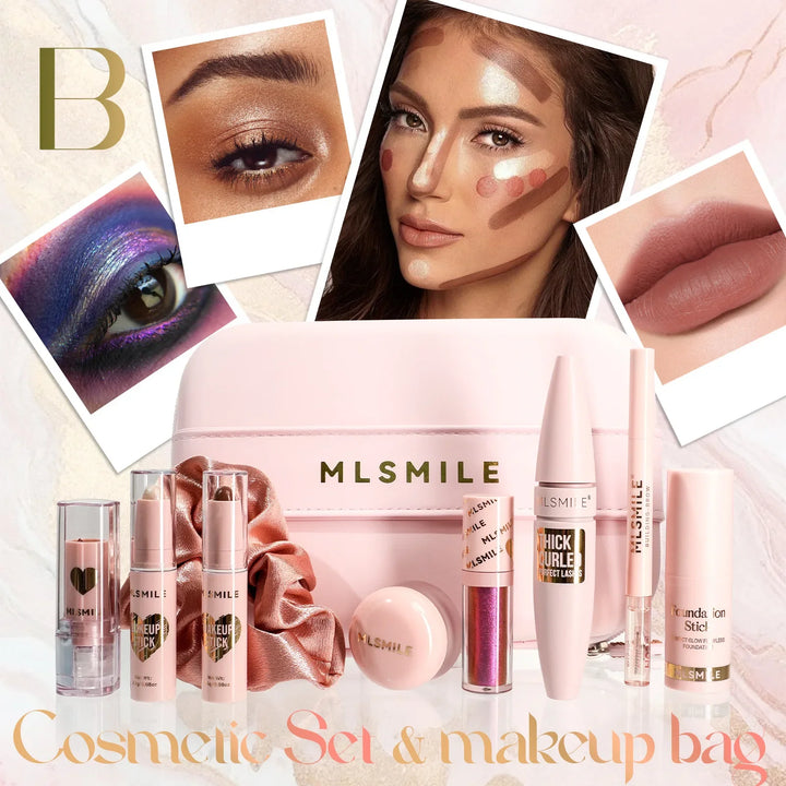 Face Makeup Set Portable Travel Size Lip Mud Mascara Blush Eyeliner Eyeshadow Contour Stick Highlighter Foundation Eyebrow Pen