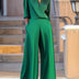 Women’s Green Jumpsuit Gymystars Summer 2025 – Elegant, Deep V-Neck, Zipper, and Wide-Leg Pants