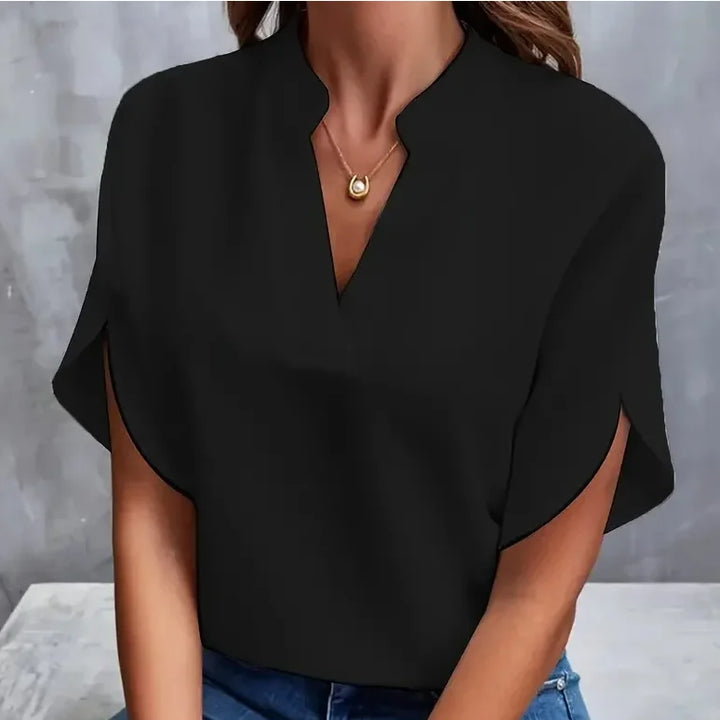 Elegant Women’s Summer Blouse – V-Neck | Short Sleeve | Loose Fit | Office Lady Style