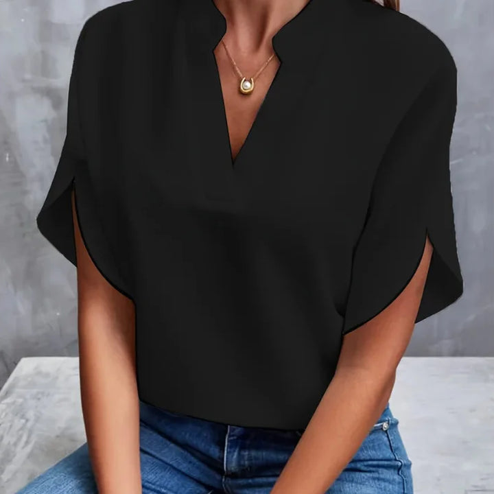 Elegant Women’s Summer Blouse – V-Neck | Short Sleeve | Loose Fit | Office Lady Style