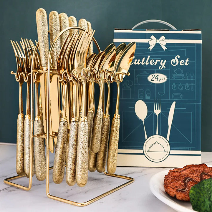 Hammer Pattern Flatware Set – 24 Pcs Knife Fork Spoon