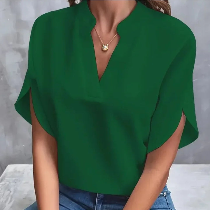 Elegant Women’s Summer Blouse – V-Neck | Short Sleeve | Loose Fit | Office Lady Style