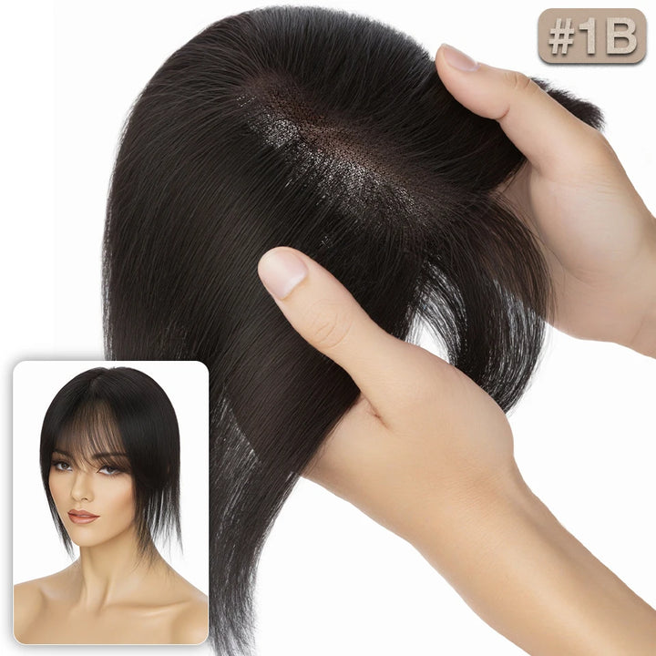 S-noilite 8x11cm Human Hair Toppers Hand-woven Single Knot Women Topper Natural Hair Wigs With Bangs Center Part Lace Hairpiece