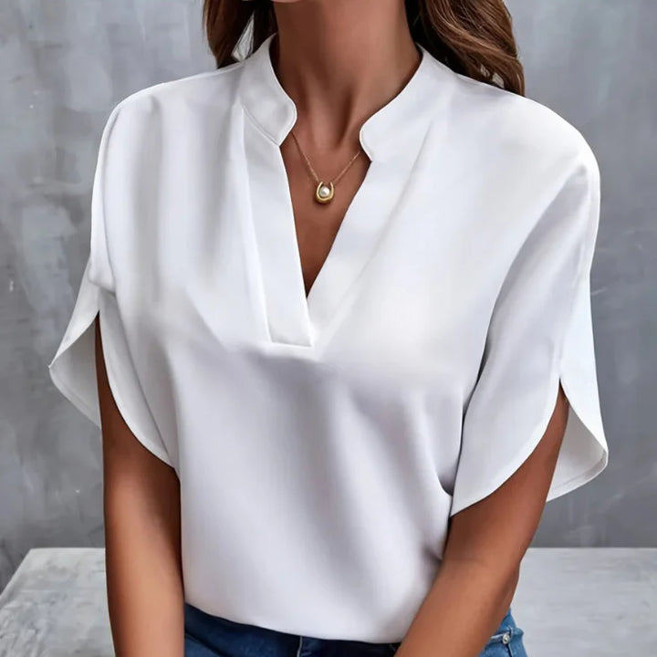 Elegant Women’s Summer Blouse – V-Neck | Short Sleeve | Loose Fit | Office Lady Style