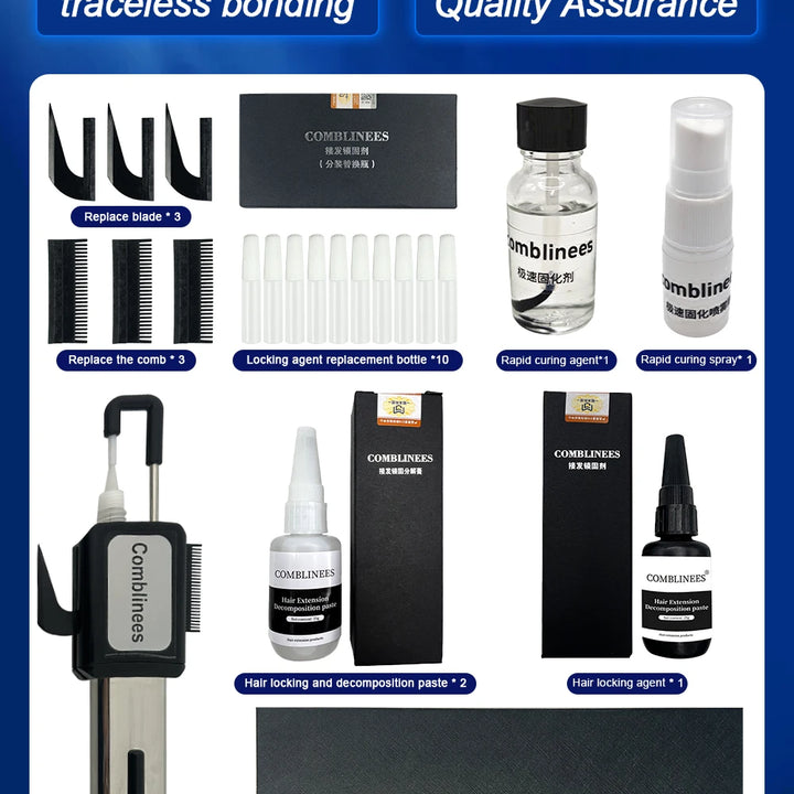 Comblinees Salon Grade Hair Extension Tool Set Fast Curing Agent for Comb Line System No Trace Extensions Easy Application Kits