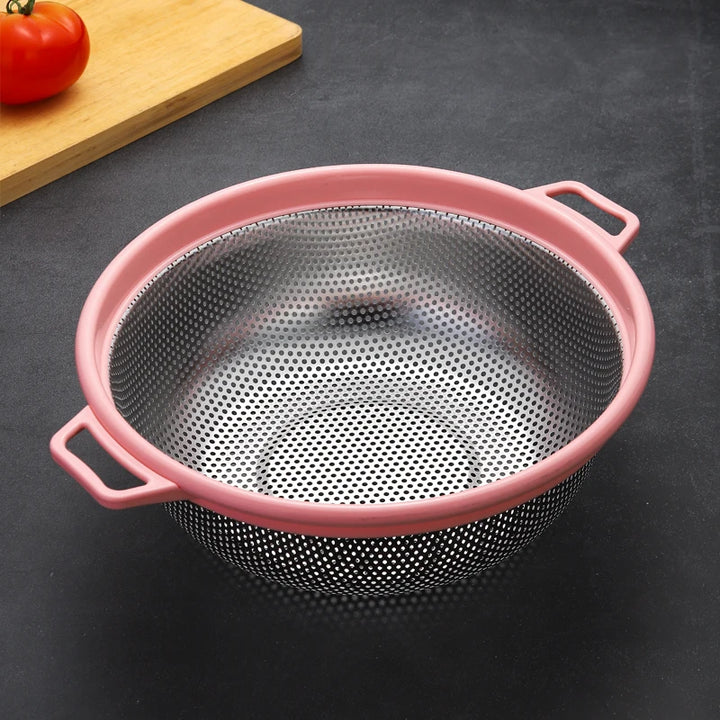 Stainless Steel Strainer with Handles and Feet – Green Mesh for Pasta, Fruits, Vegetables, and Greens