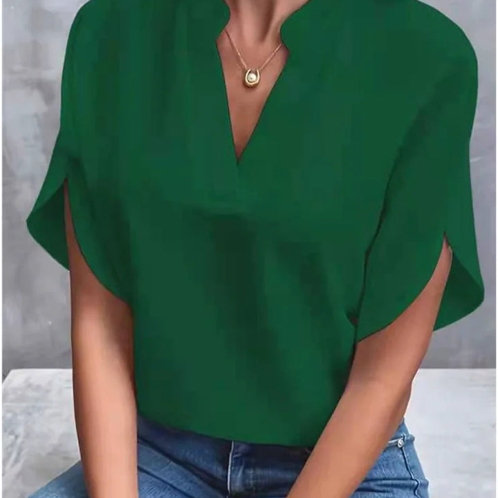 Elegant Women’s Summer Blouse – V-Neck | Short Sleeve | Loose Fit | Office Lady Style