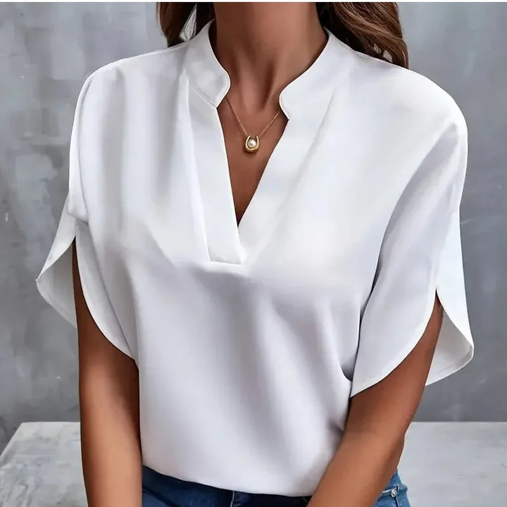 Elegant Women’s Summer Blouse – V-Neck | Short Sleeve | Loose Fit | Office Lady Style