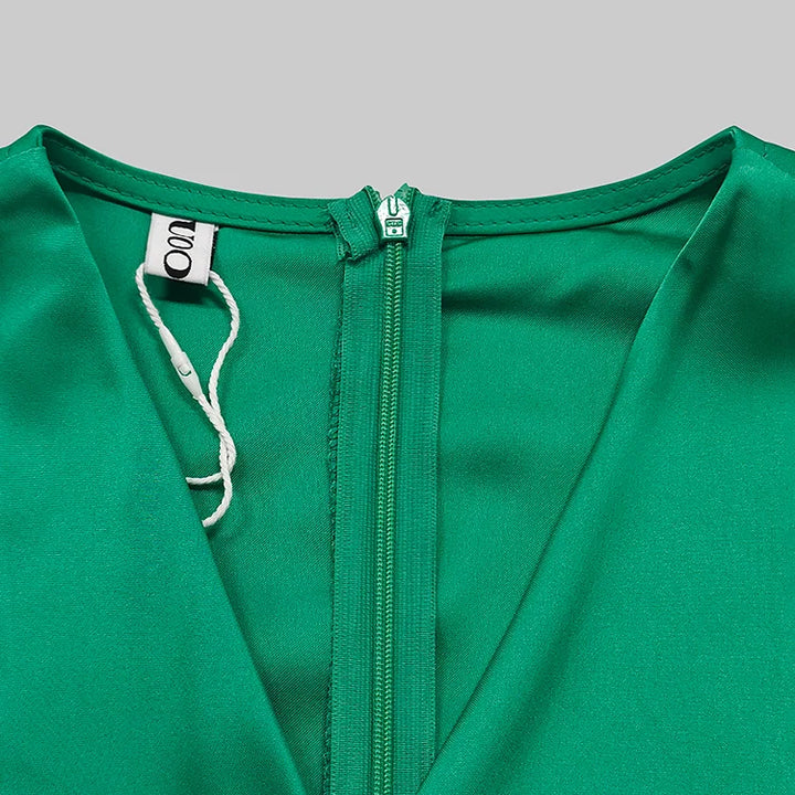 Women’s Green Jumpsuit Gymystars Summer 2025 – Elegant, Deep V-Neck, Zipper, and Wide-Leg Pants