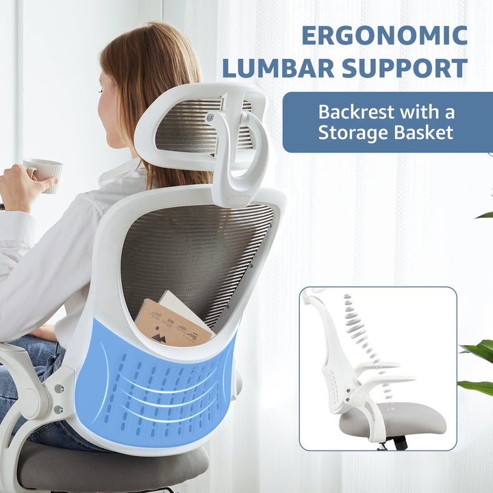 Ergonomic Office Chair with Mesh Backrest – Flip-Up Armrests, Adjustable Headrest, and Lumbar Support for Home Office Comfort