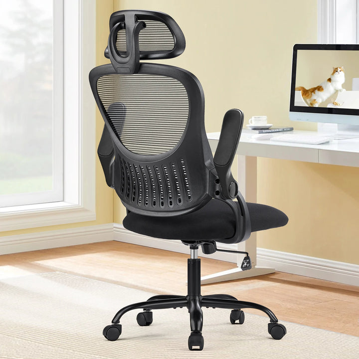 Ergonomic Office Chair with Mesh Backrest – Flip-Up Armrests, Adjustable Headrest, and Lumbar Support for Home Office Comfort