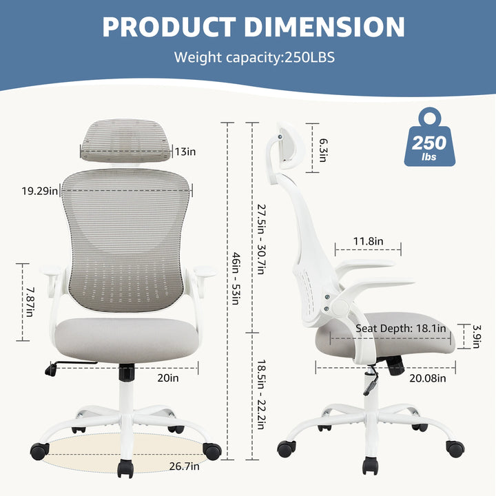 Ergonomic Office Chair with Mesh Backrest – Flip-Up Armrests, Adjustable Headrest, and Lumbar Support for Home Office Comfort